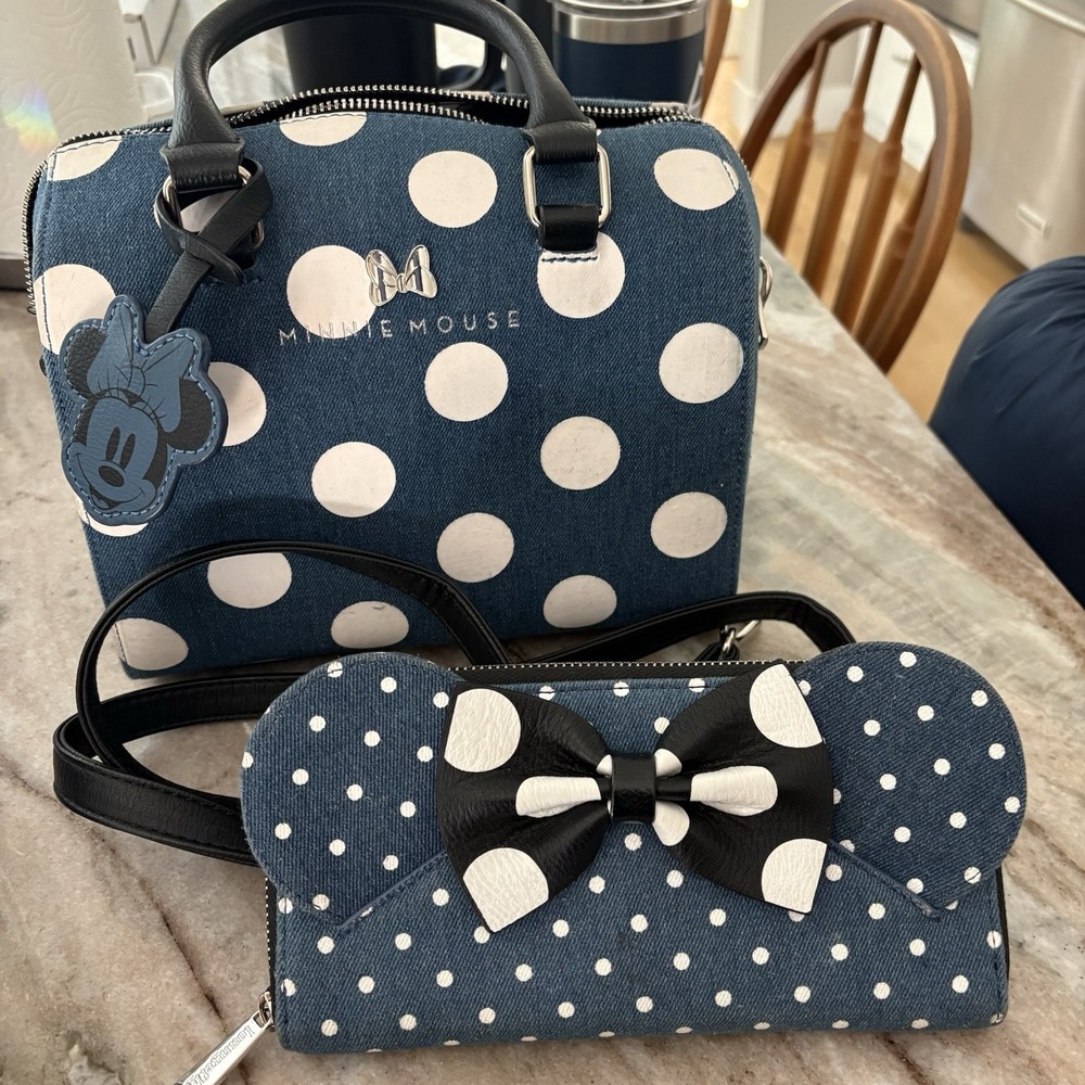 Loungefly Disney Minnie Mouse Denim Polka Dot Duffle Crossbody Bag & Wallet